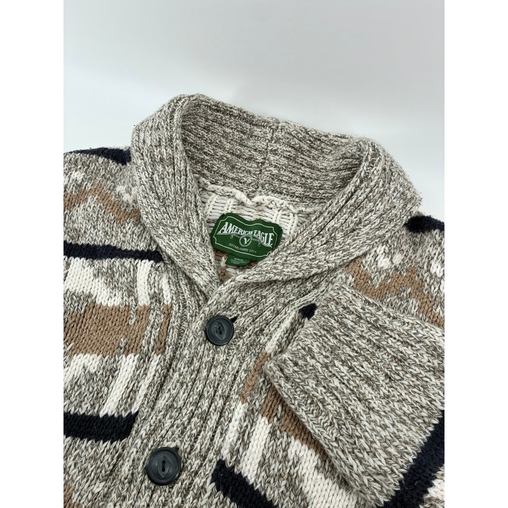 American Eagle Mens Fair Isle Shawl Collar Button Cardigan Sweater Brown Medium
